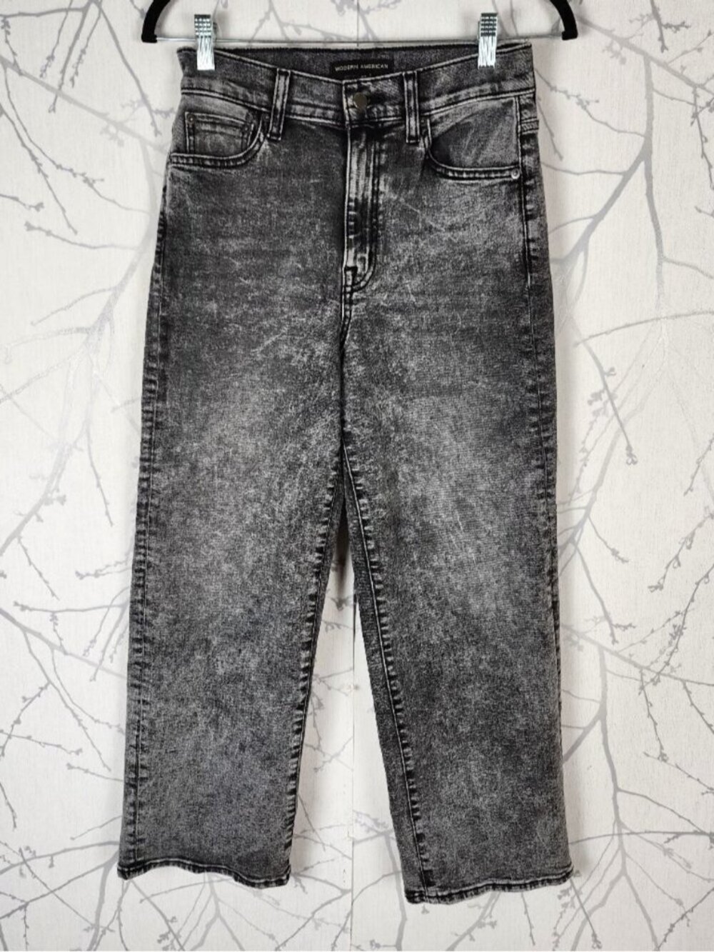 Modern American Gray Wash Stretch Denim High Rise Wide Leg Crop Jeans